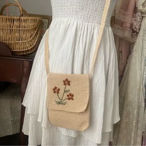 Woven Crossbody Bag With Flower Beading